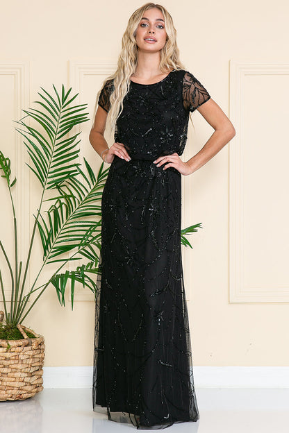 ROVET Short Sleeeves Glitter Embellished Long Mother Of The Bride Dress