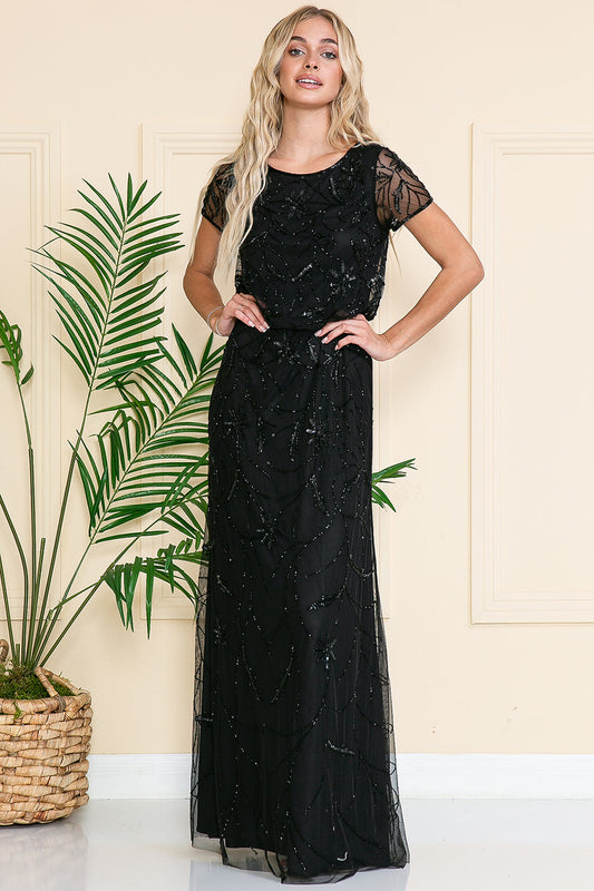 ROVET Short Sleeeves Glitter Embellished Long Mother Of The Bride Dress
