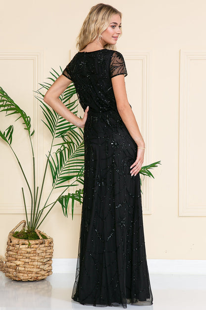 ROVET Short Sleeeves Glitter Embellished Long Mother Of The Bride Dress