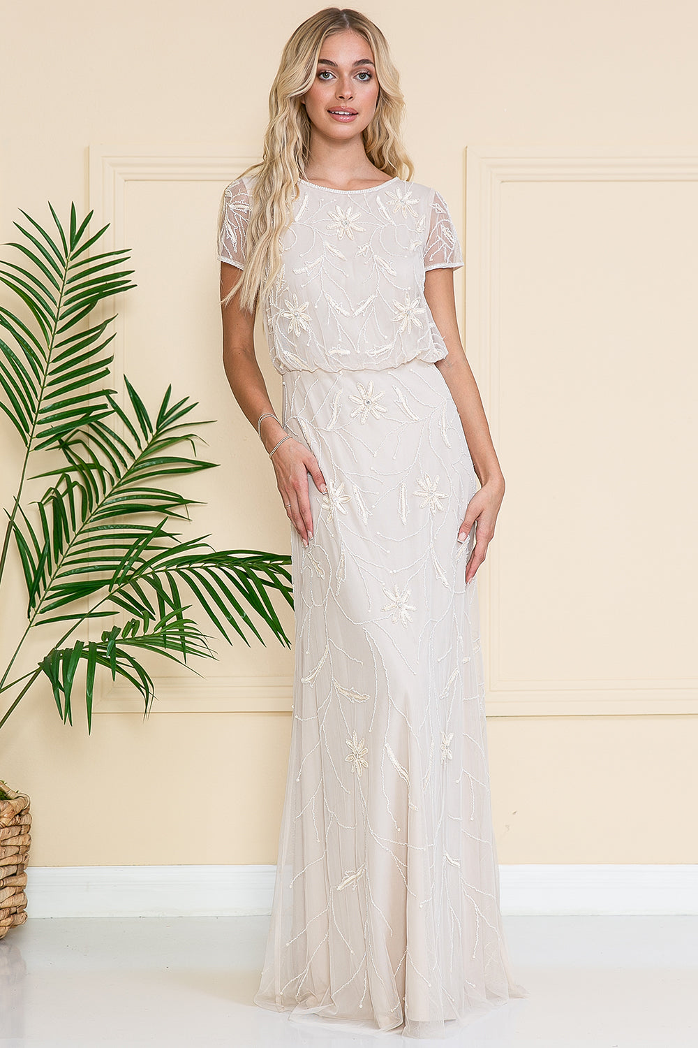 ROVET Short Sleeeves Glitter Embellished Long Mother Of The Bride Dress