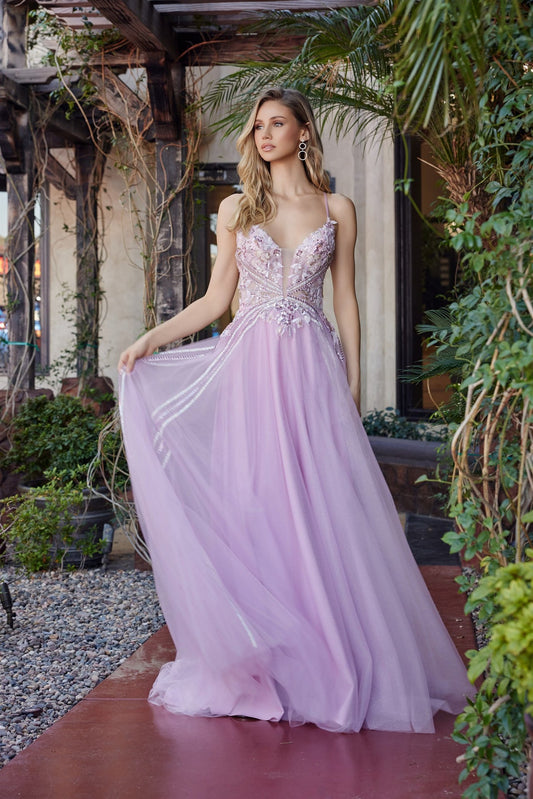 ROVET Formal Sleeveless Graduation Gown w/ Floral Motif & Lace up Back NXG1795