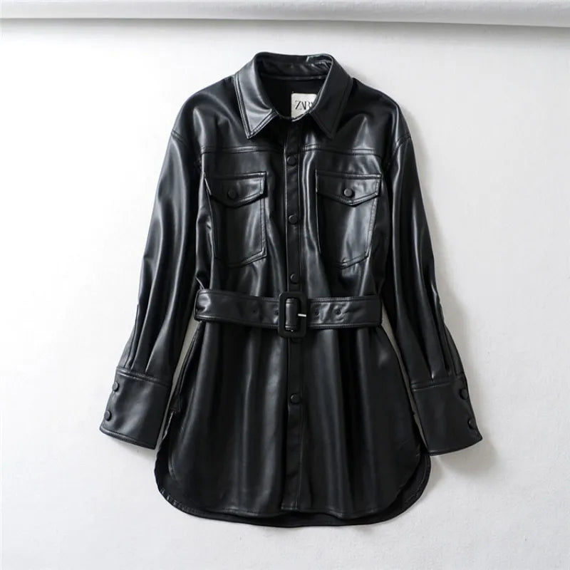 ROVET Women's high waist lace-up PU coat