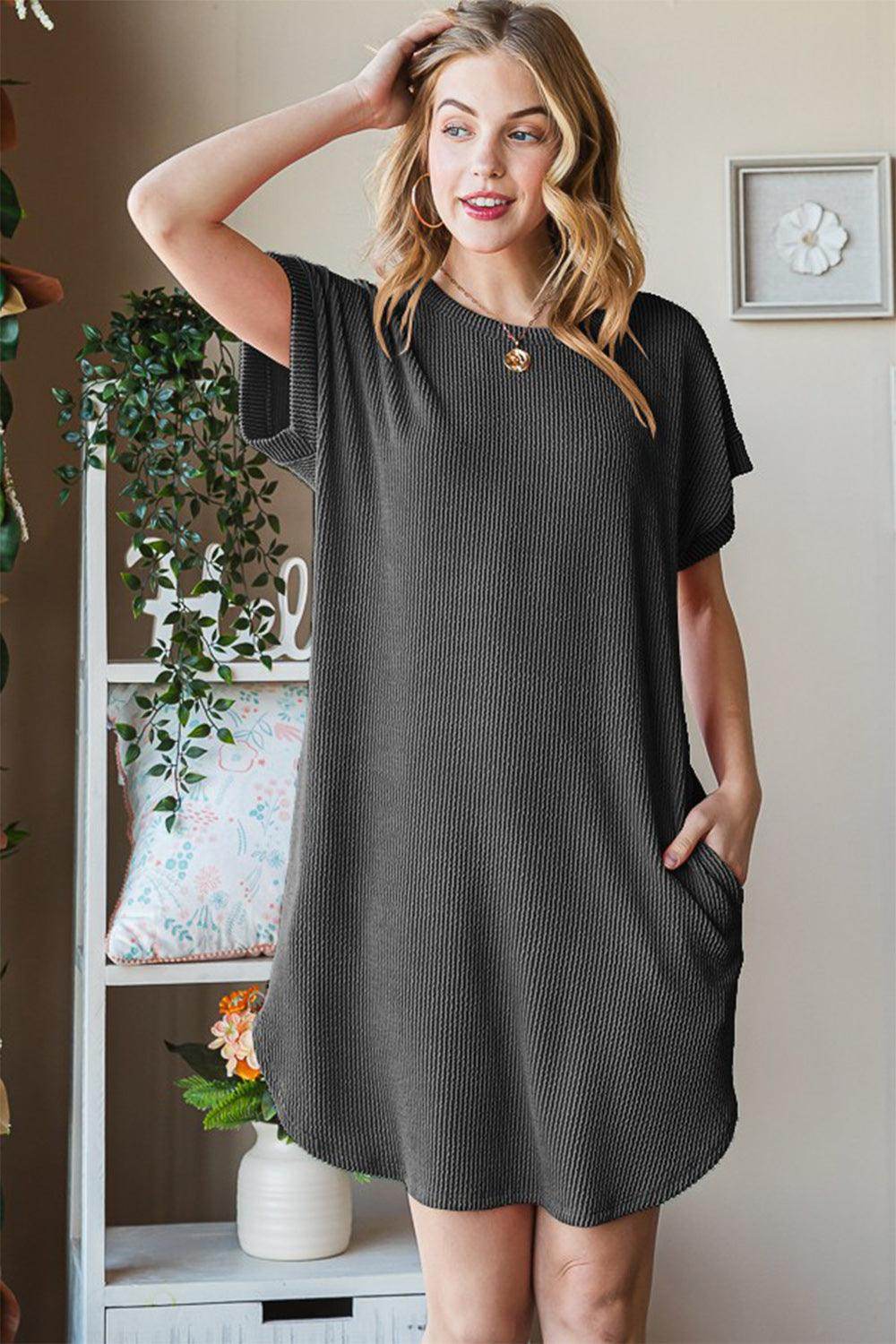 ROVET Heimish Full Size Ribbed Round Neck Short Sleeve Tee Dress