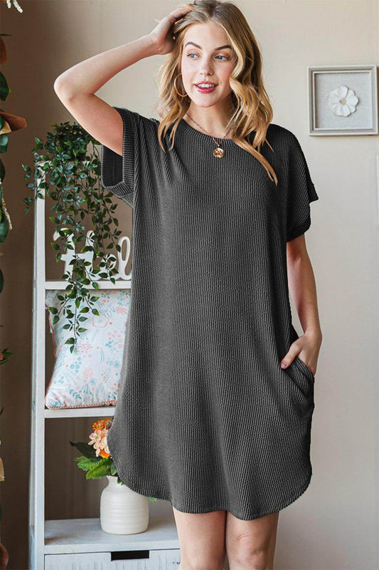 ROVET Heimish Full Size Ribbed Round Neck Short Sleeve Tee Dress