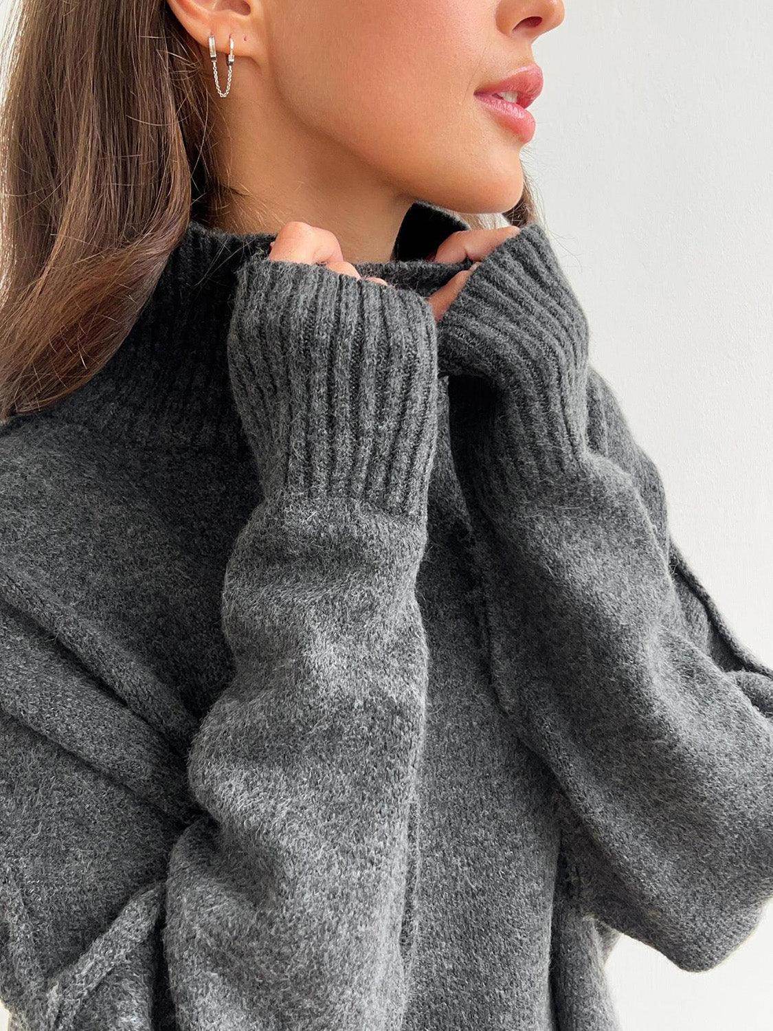 ROVET Slit Turtleneck Long Sleeve Top and Pants Sweater Set Outfit