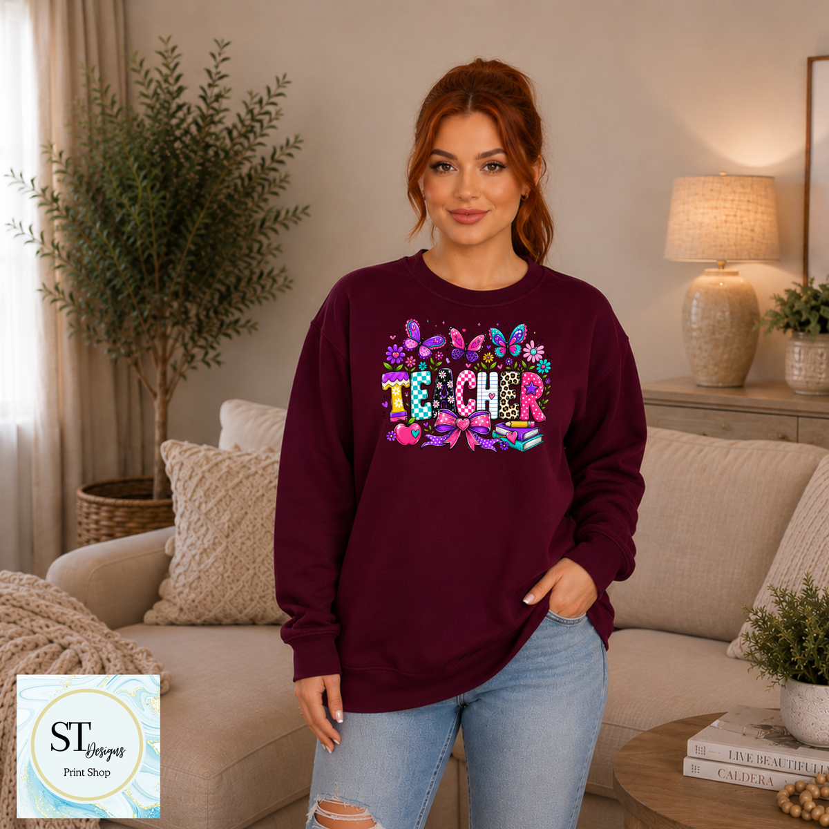 ROVET Colorful Butterfly Teacher Crewneck Sweatshirt | Cute Butterfly Floral Teacher Sweatshirt | Teacher Appreciation Gift | Back to School | Unisex S-5XL