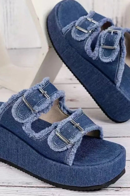 ROVET Selvanelle Raw Hem Wedge Buckle Sandals For Women
