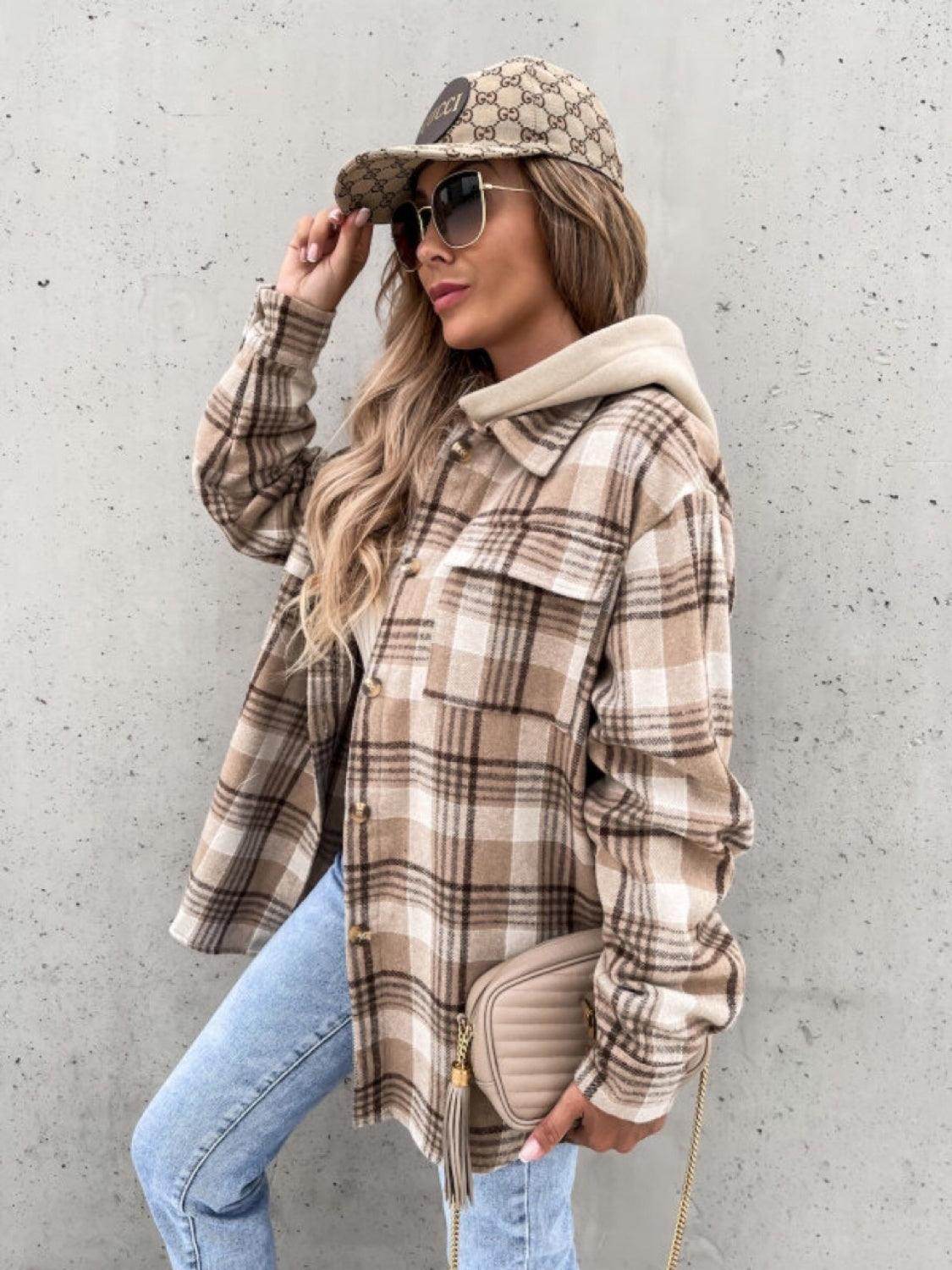 ROVET Plaid Dropped Shoulder Hooded Jacket for Casual Style
