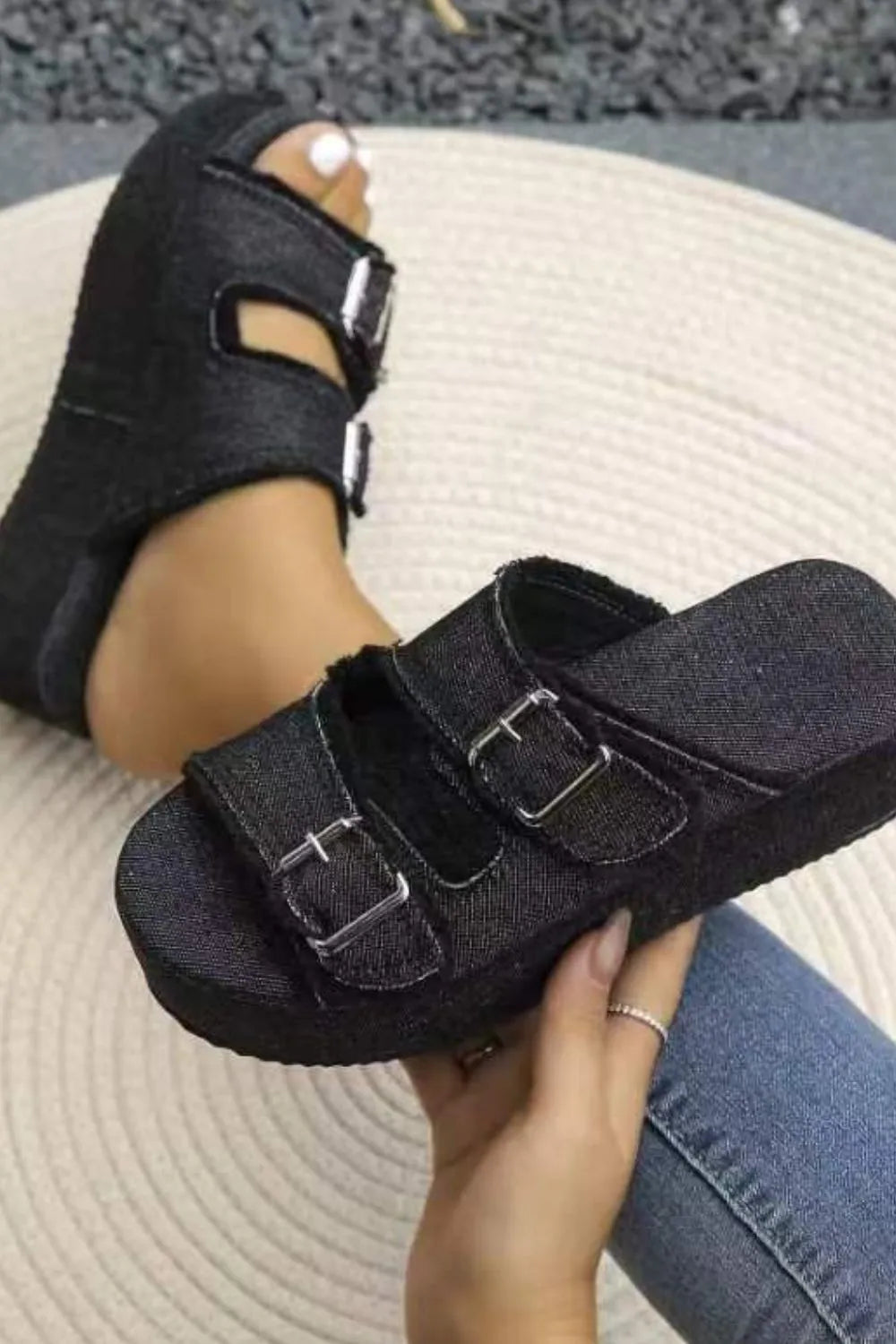 ROVET Selvanelle Raw Hem Wedge Buckle Sandals For Women