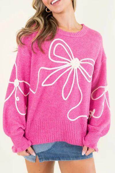 ROVET Bow Round Neck Dropped Shoulder Sweater for Women
