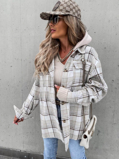 ROVET Plaid Dropped Shoulder Hooded Jacket for Casual Style