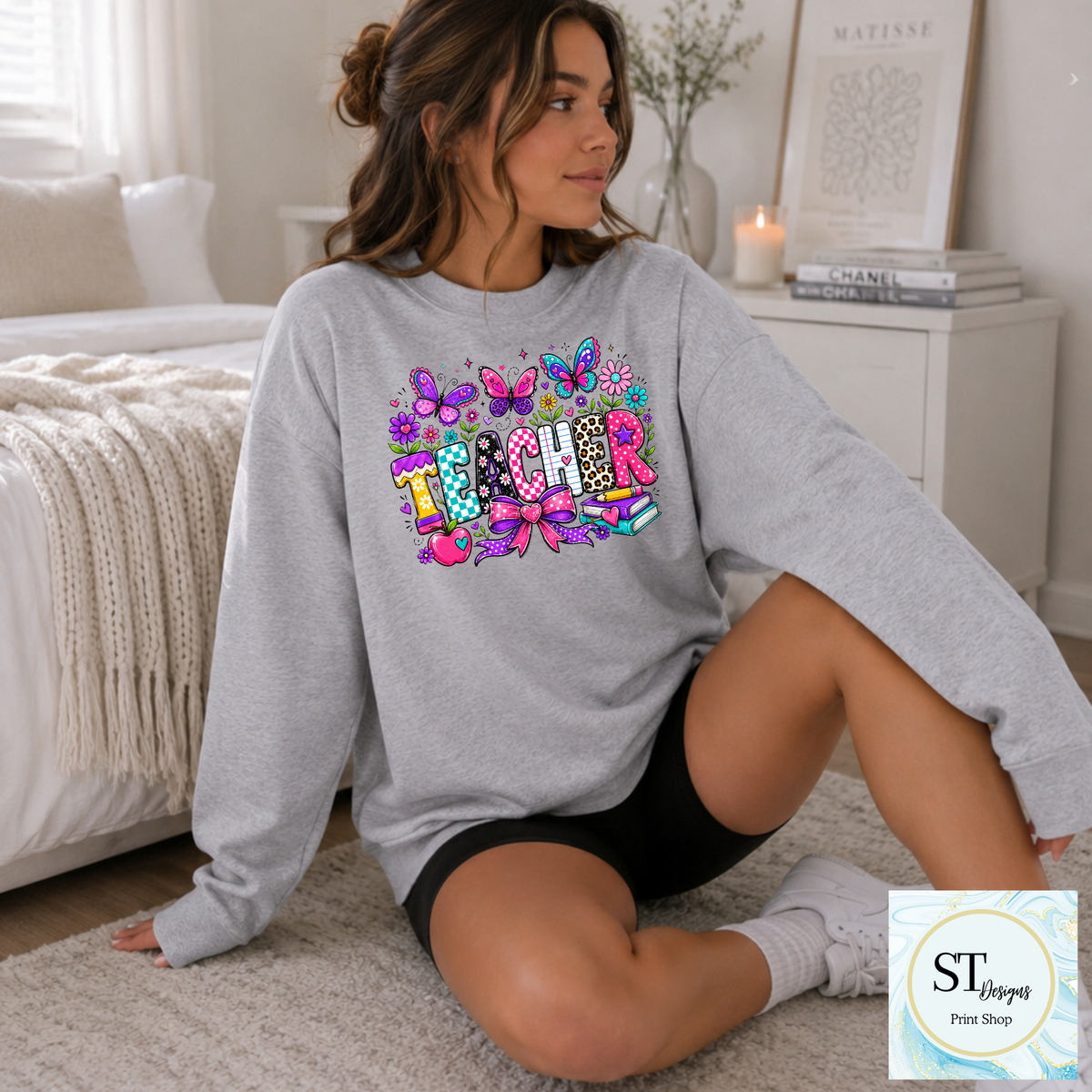 ROVET Colorful Butterfly Teacher Crewneck Sweatshirt | Cute Butterfly Floral Teacher Sweatshirt | Teacher Appreciation Gift | Back to School | Unisex S-5XL