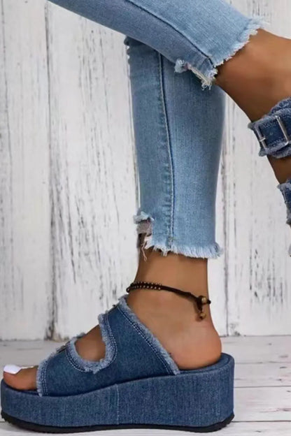 ROVET Selvanelle Raw Hem Wedge Buckle Sandals For Women
