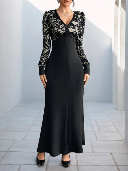 ROVET Lace V-Neck Long Sleeve Maxi Dress