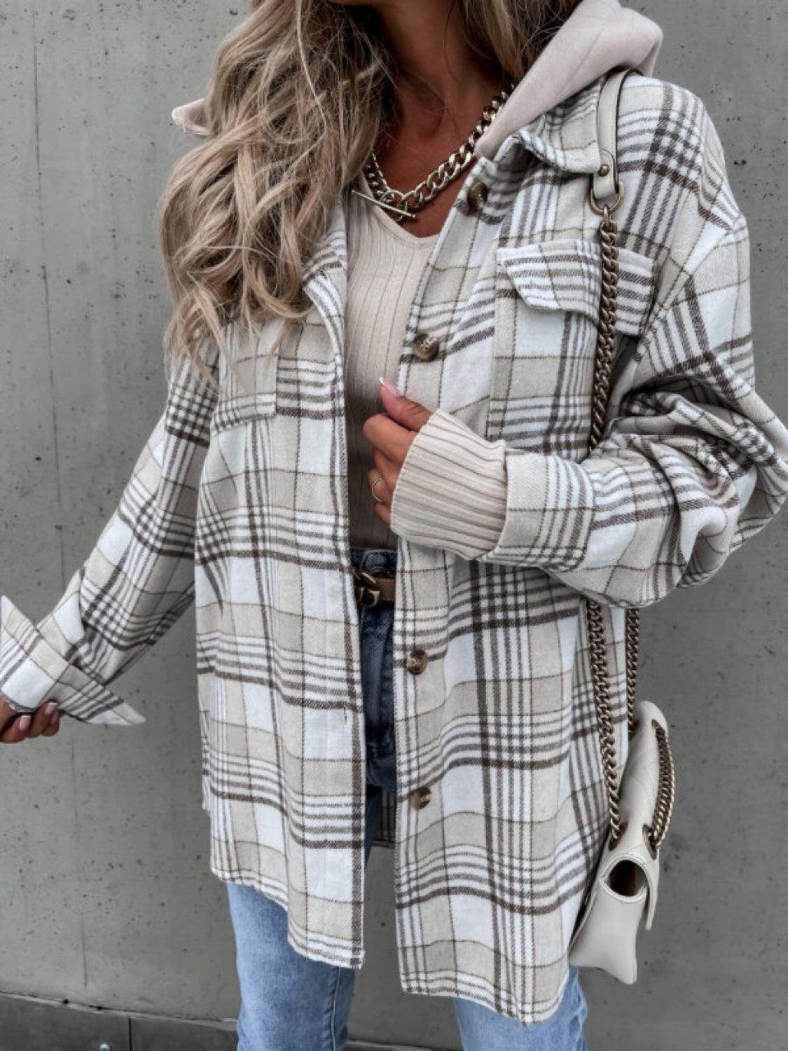 ROVET Plaid Dropped Shoulder Hooded Jacket for Casual Style