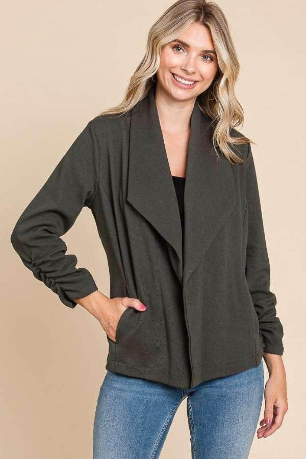 ROVET Culture Code Full Size Ruched Open Front Long Sleeve Jacket