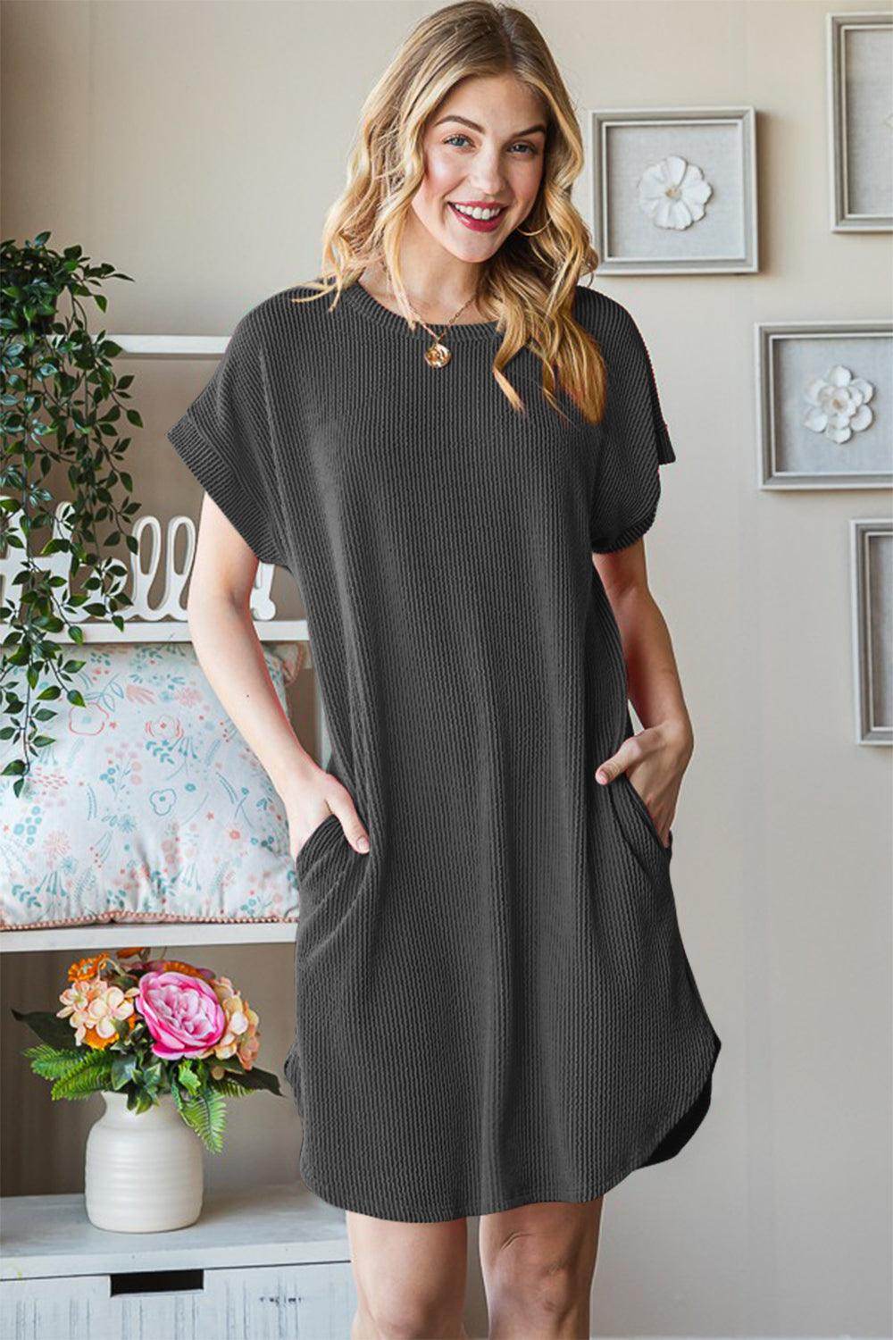 ROVET Heimish Full Size Ribbed Round Neck Short Sleeve Tee Dress