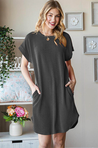 ROVET Heimish Full Size Ribbed Round Neck Short Sleeve Tee Dress