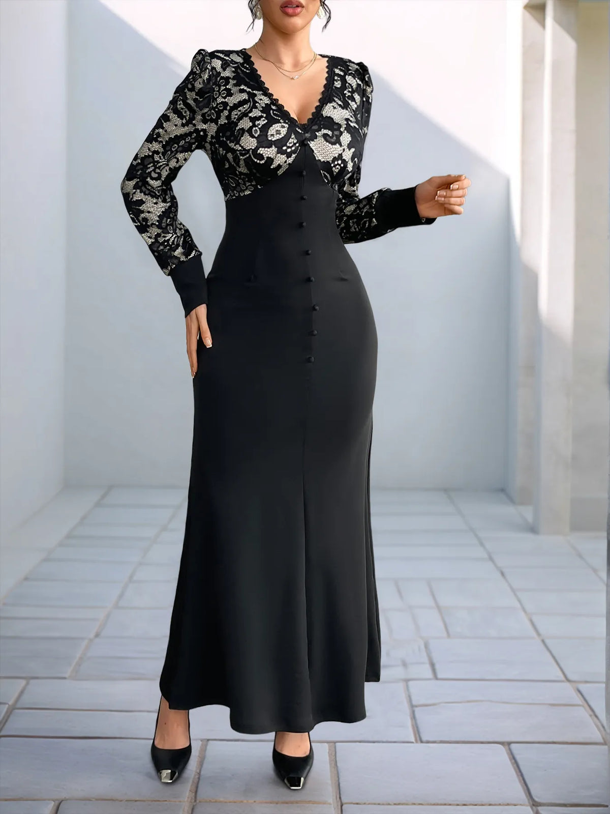 ROVET Lace V-Neck Long Sleeve Maxi Dress