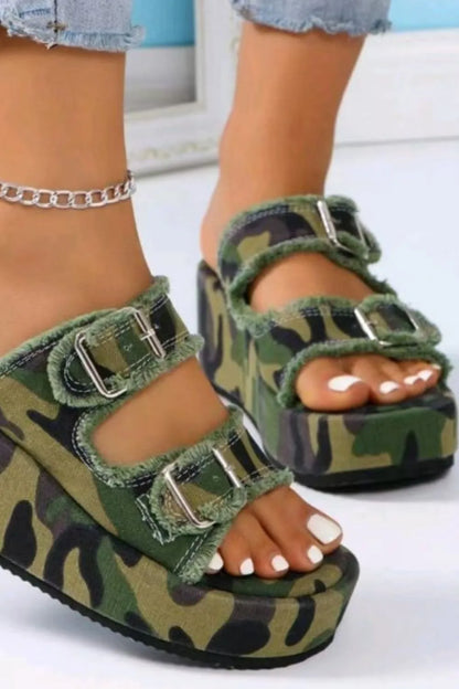 ROVET Selvanelle Raw Hem Wedge Buckle Sandals For Women