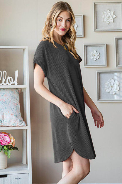 ROVET Heimish Full Size Ribbed Round Neck Short Sleeve Tee Dress