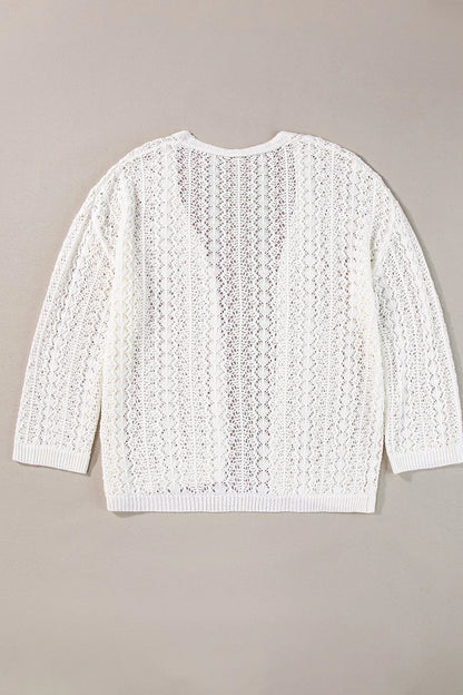 Openwork Open Front Dropped Shoulder Cardigan showcasing a unique openwork design from the back.