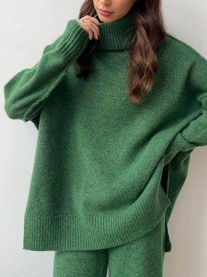 ROVET Slit Turtleneck Long Sleeve Top and Pants Sweater Set Outfit