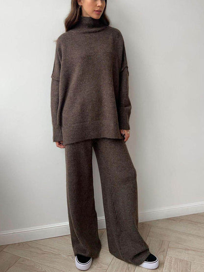 ROVET Slit Turtleneck Long Sleeve Top and Pants Sweater Set Outfit