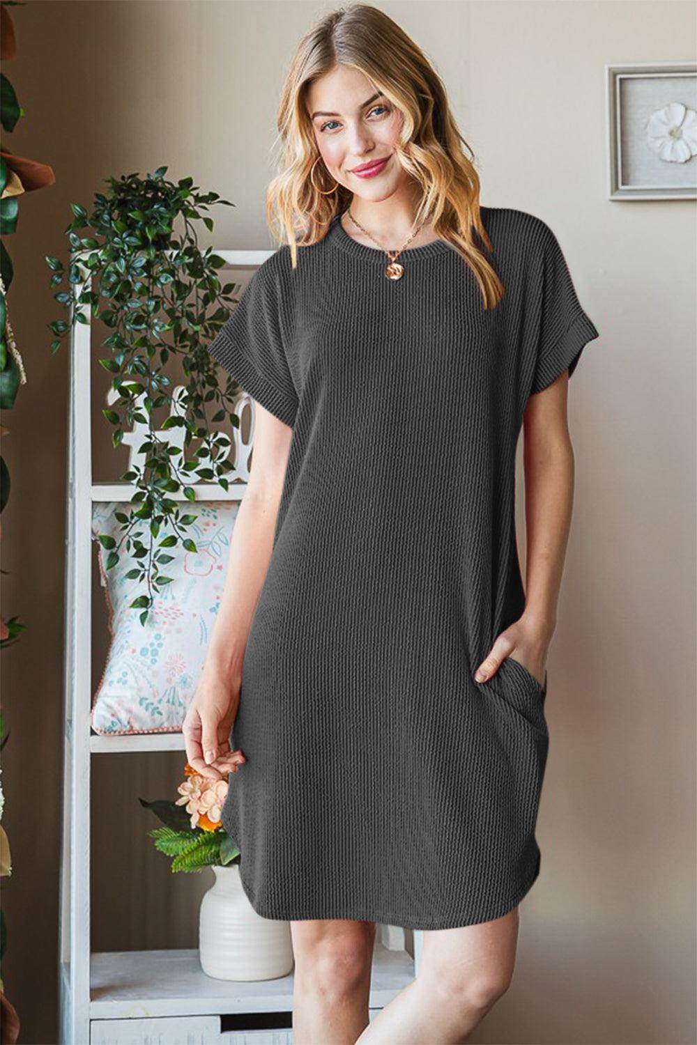 ROVET Heimish Full Size Ribbed Round Neck Short Sleeve Tee Dress