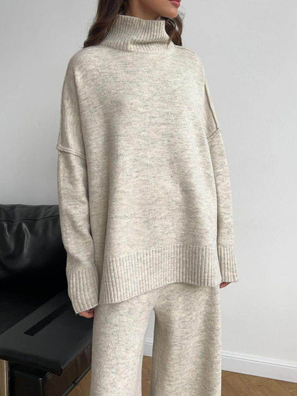 ROVET Slit Turtleneck Long Sleeve Top and Pants Sweater Set Outfit