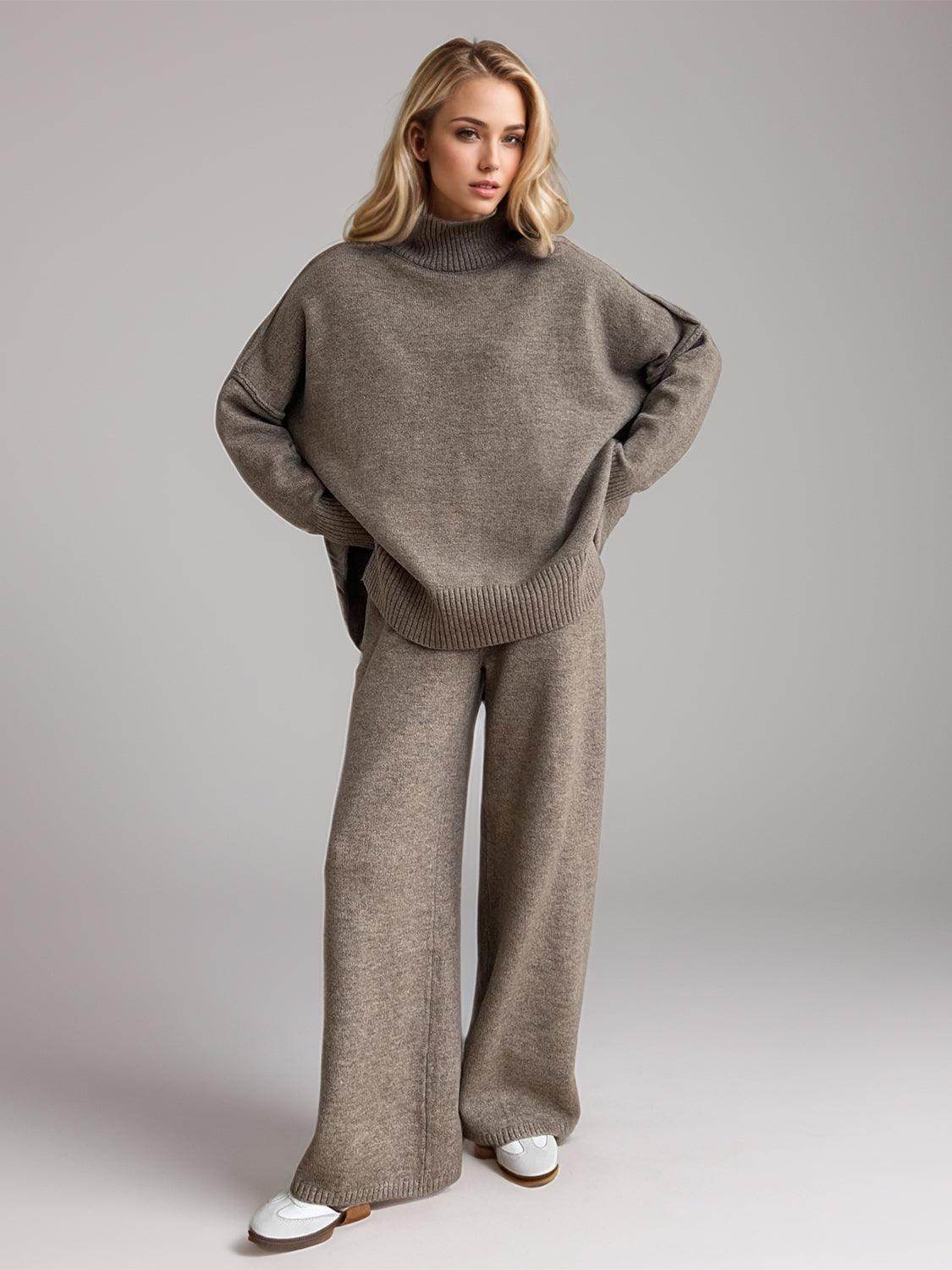 ROVET Slit Turtleneck Long Sleeve Top and Pants Sweater Set Outfit