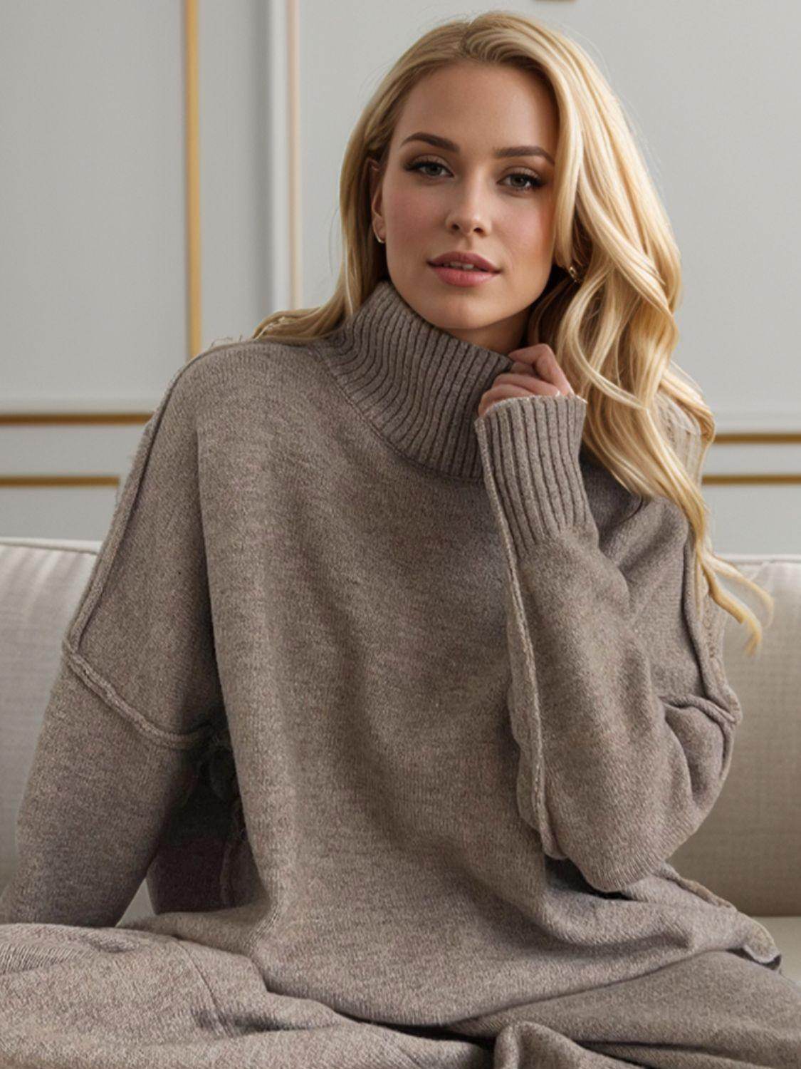 ROVET Slit Turtleneck Long Sleeve Top and Pants Sweater Set Outfit