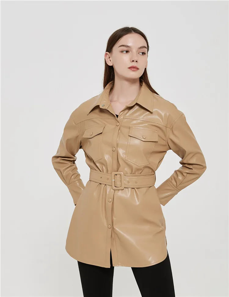 ROVET Women's high waist lace-up PU coat