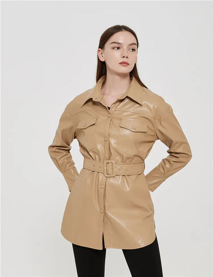 ROVET Women's high waist lace-up PU coat