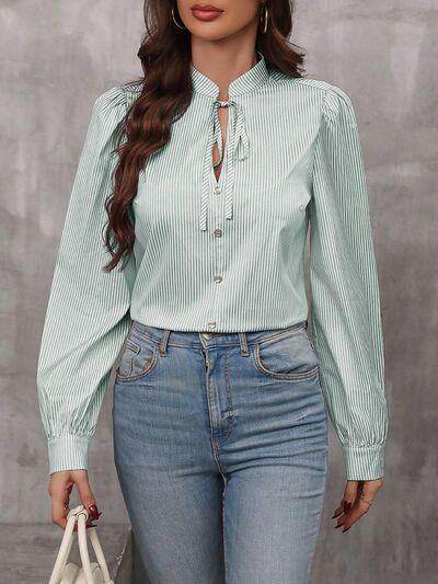 ROVET Striped Tie Neck Long Sleeve Shirt for Women Casual Wear
