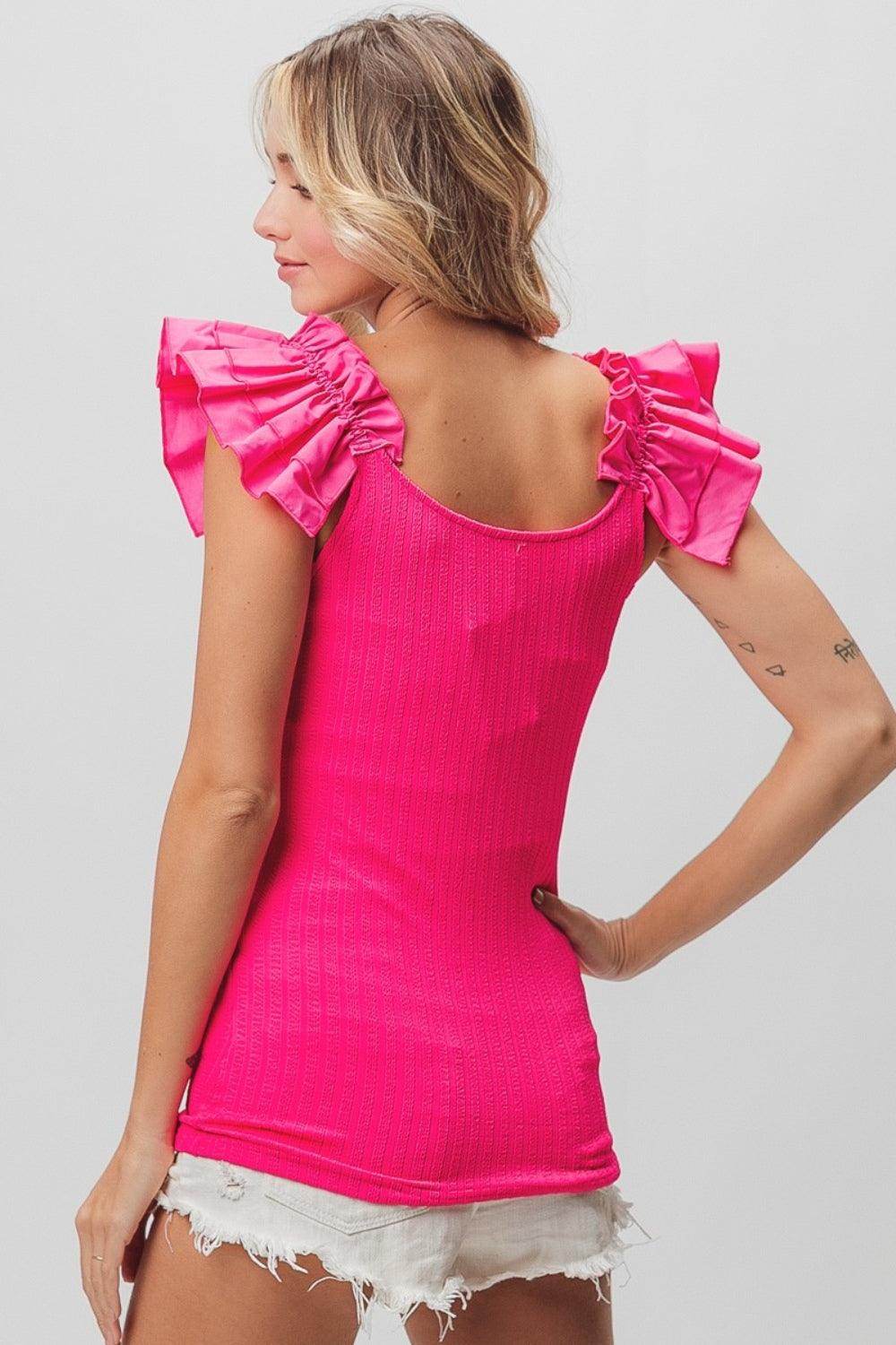 ROVET BiBi Ruffled Shoulder Strap Rib Texture Top for Women
