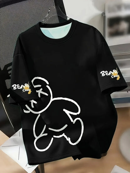 ROVET Summer Men's Round Neck Breathable T-Shirt with Cartoon Bear Print Pattern Suitable for Daily and Weekend Gifting to Friends