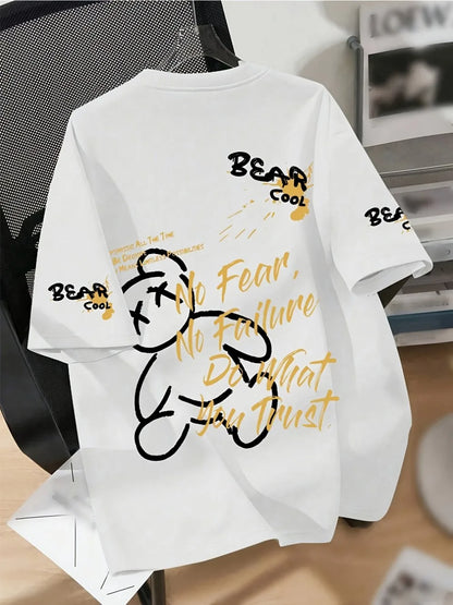 ROVET Summer Men's Round Neck Breathable T-Shirt with Cartoon Bear Print Pattern Suitable for Daily and Weekend Gifting to Friends
