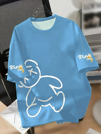 ROVET Summer Men's Round Neck Breathable T-Shirt with Cartoon Bear Print Pattern Suitable for Daily and Weekend Gifting to Friends