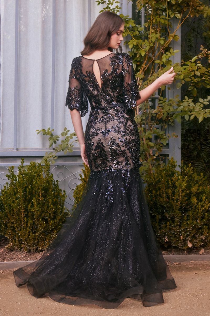 ROVET Special Occasion Black Mermaid Evening Gown w/ Sequins Embroidery & Nude Lining CDA1377