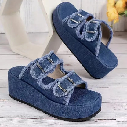 ROVET Selvanelle Raw Hem Wedge Buckle Sandals For Women