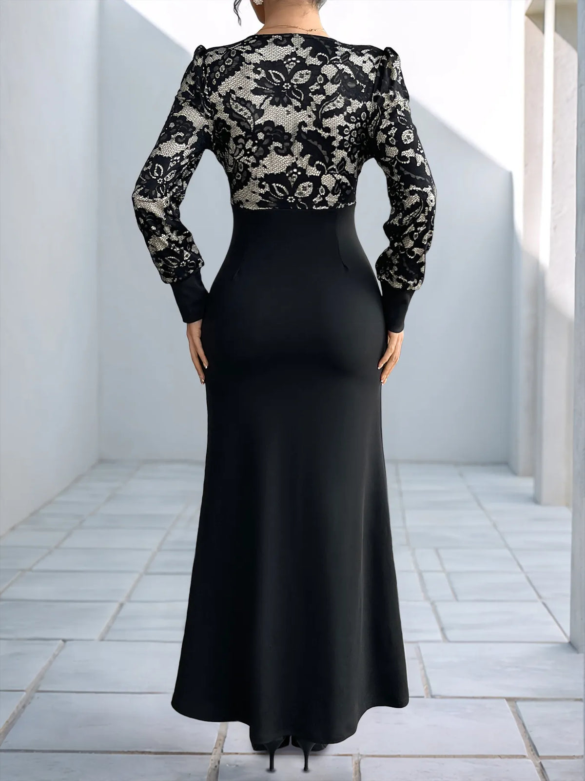 ROVET Lace V-Neck Long Sleeve Maxi Dress