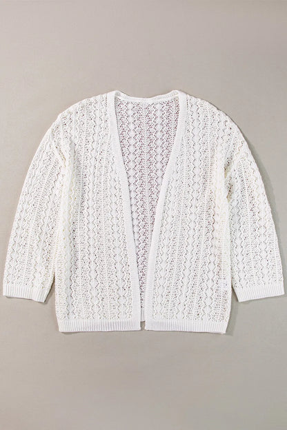 Openwork Open Front Dropped Shoulder Cardigan in white, featuring a unique openwork design and relaxed fit.