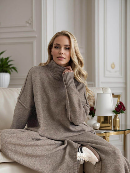 ROVET Slit Turtleneck Long Sleeve Top and Pants Sweater Set Outfit