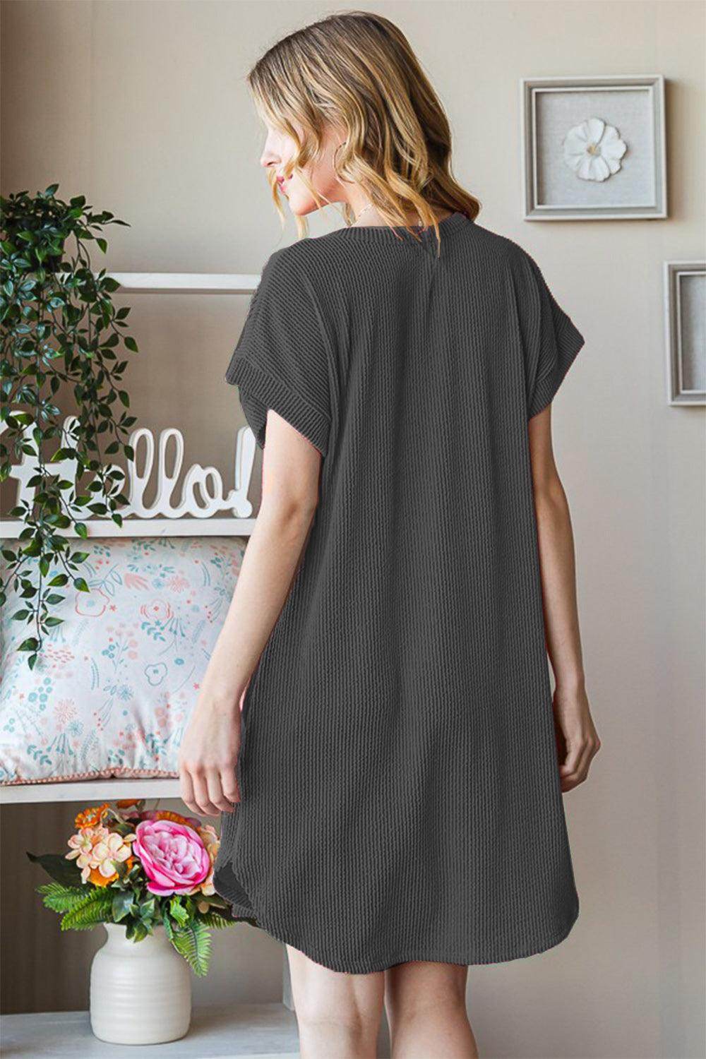 ROVET Heimish Full Size Ribbed Round Neck Short Sleeve Tee Dress