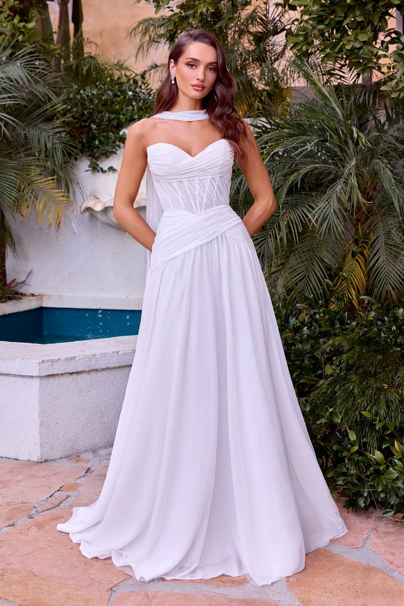 ROVET Strapless A-Line Solid Chiffon Bridal Gown w/ Sheer Corset Bodice & Matching Scarf CDCD395W
