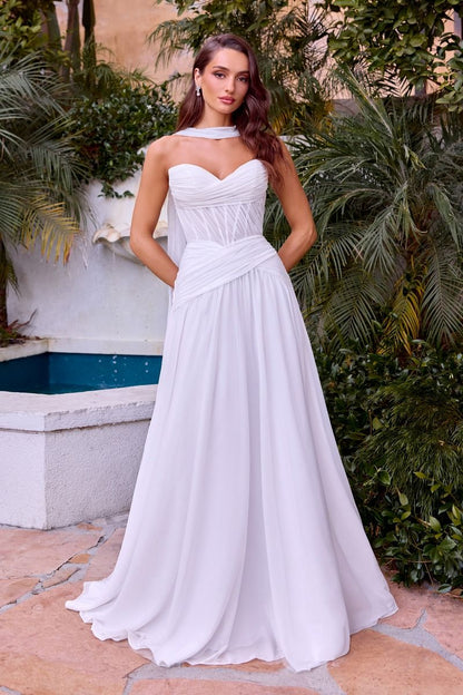 ROVET Strapless A-Line Solid Chiffon Bridal Gown w/ Sheer Corset Bodice & Matching Scarf CDCD395W