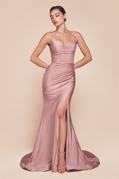 ROVET STRAPLESS STRETCH SATIN FITTED GOWN CDCD791