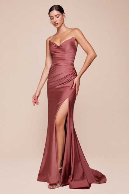 ROVET STRAPLESS STRETCH SATIN FITTED GOWN CDCD791