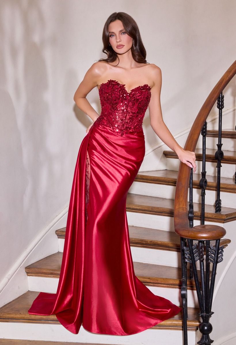 ROVET Sequins Embellished Long Graduation Gown w/ Corset Bodice & Side Drape CDCDS565